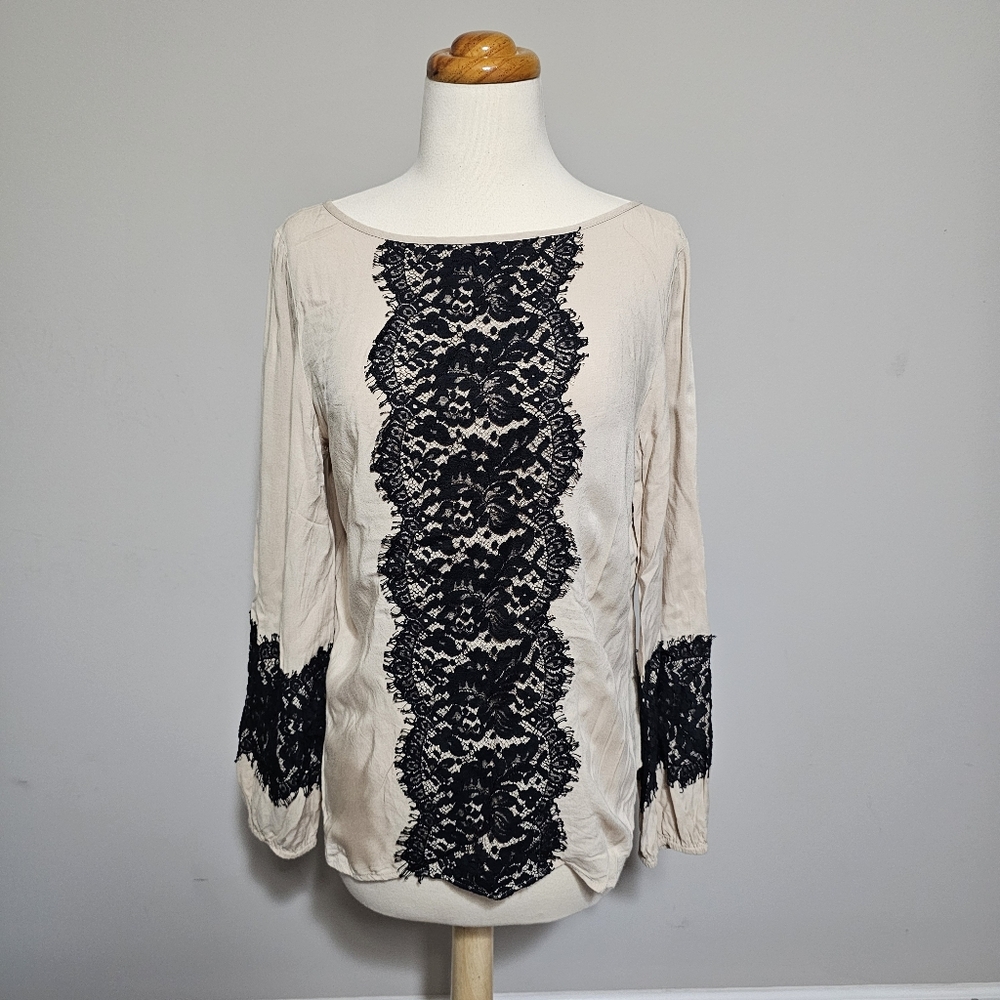 Karen Kane Cream Lace Panel Blouse Viscose Long Sleeve Top